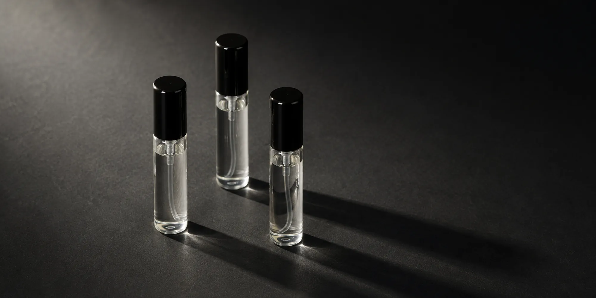 Three decant vials standing together as a rotation on a dark surface