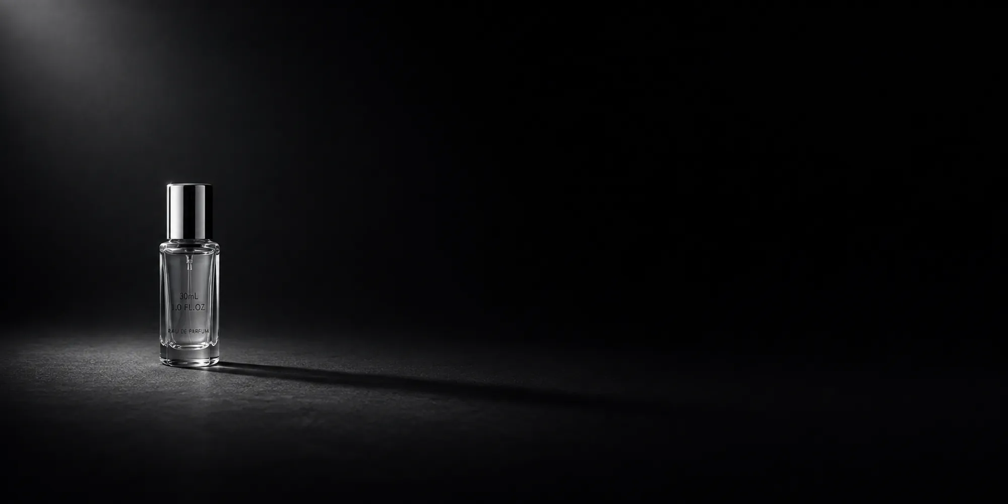 A single 30mL decant casting a long shadow across a dark surface