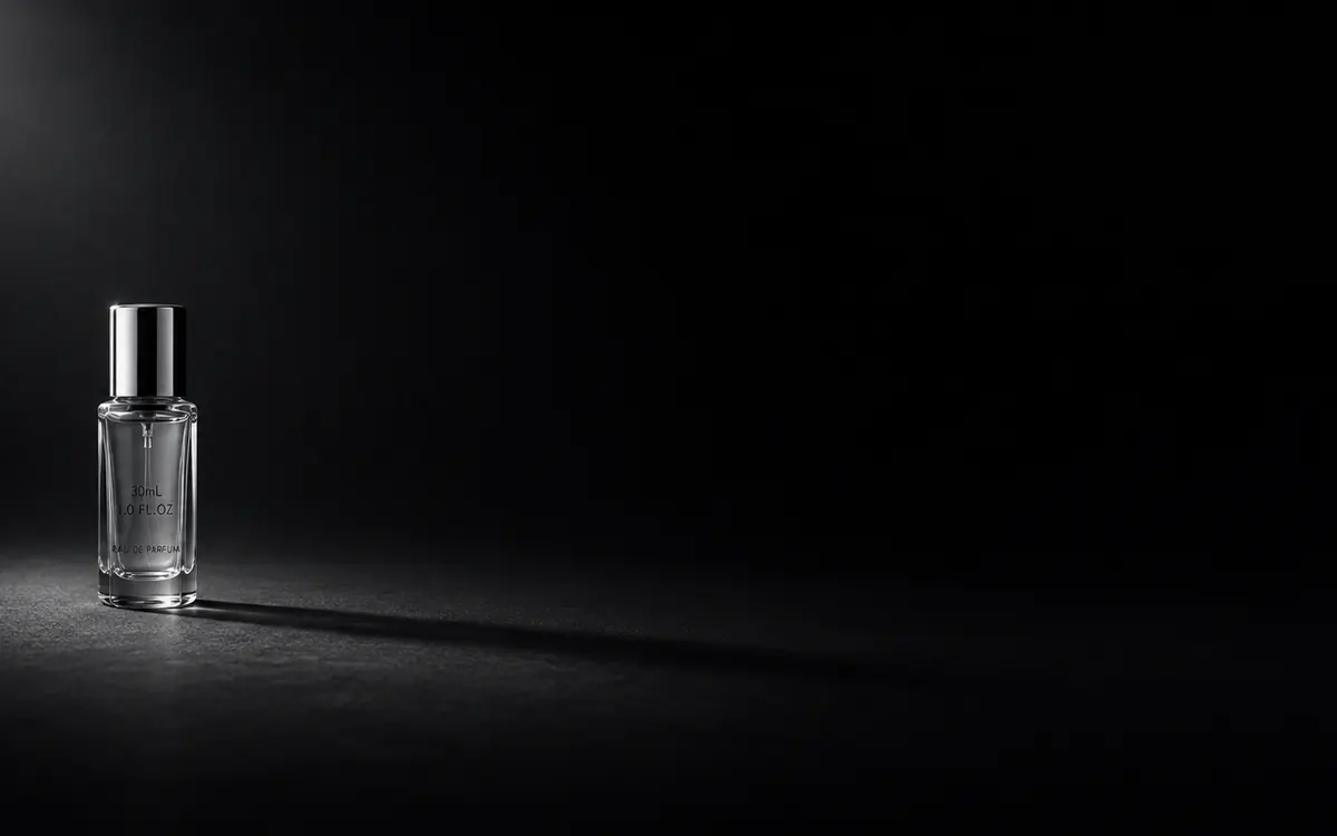A single 30mL decant casting a long shadow across a dark surface