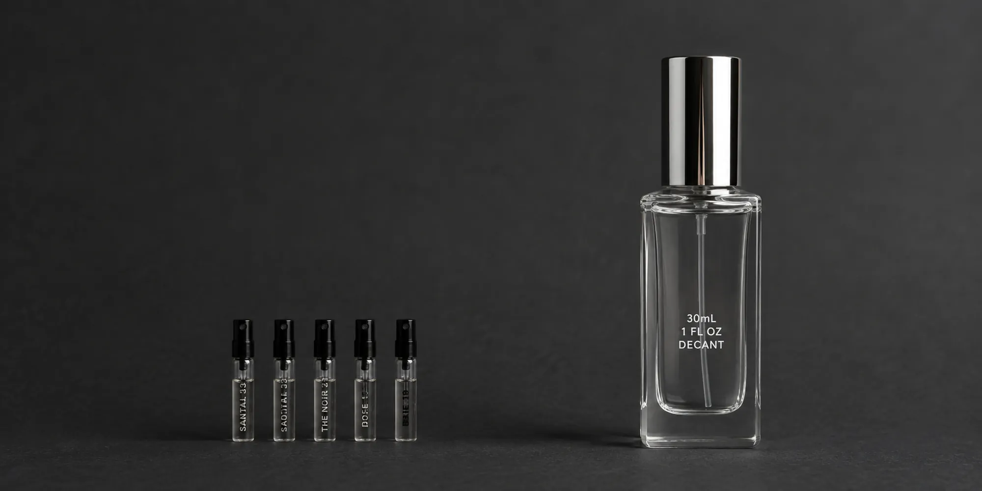 Tiny sample vials dwarfed by one full 30mL decant