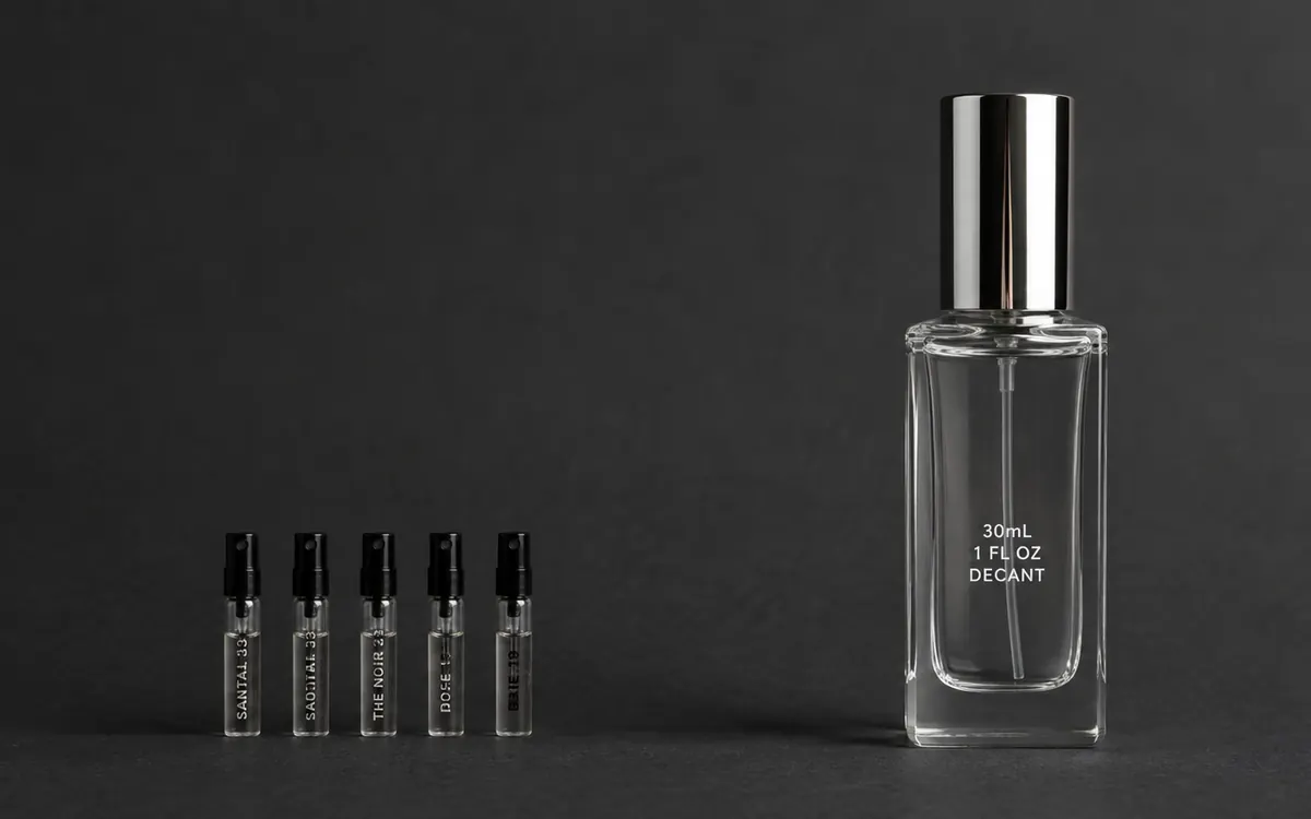 Tiny sample vials dwarfed by one full 30mL decant
