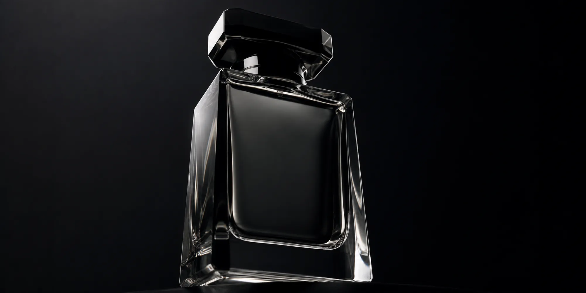 A heavy designer bottle shot from a low angle against near-black