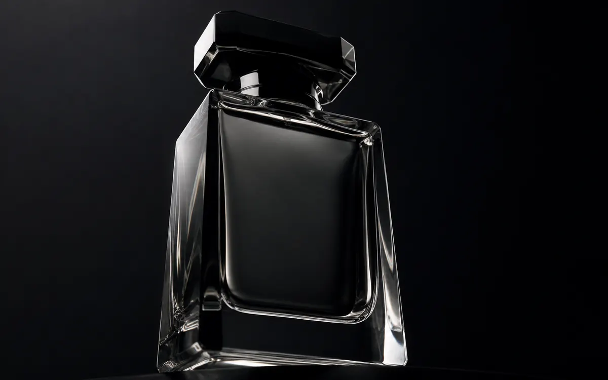A heavy designer bottle shot from a low angle against near-black