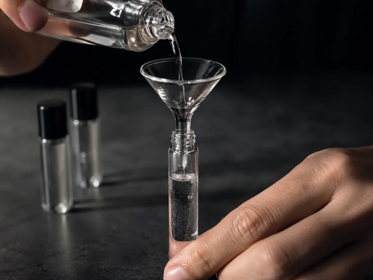 Fragrance being decanted by hand through a glass funnel into a vial