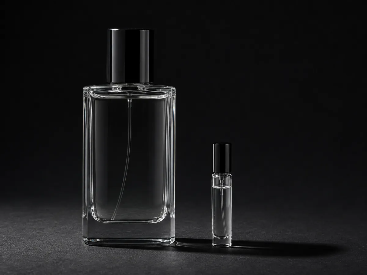 A 10mL decant vial standing beside a full-size 100mL bottle